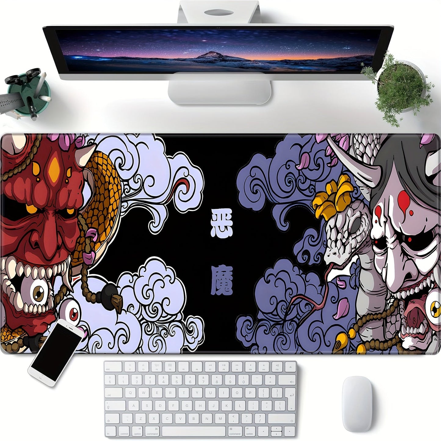XXL Gaming Mouse Pad, Non-Slip Rubber Base Desk Mat, Washable Office Keyboard Pad with Japanese Oni Design, Mouse Pads for Desk