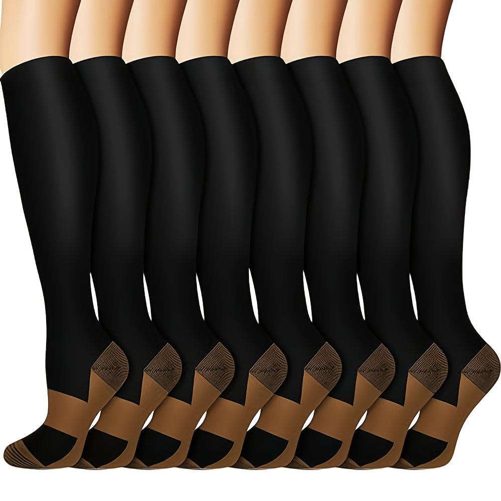 8 Pairs Copper-infused Unisex Compression Socks - Enhanced Circulation Support (10-20 MMHG) - Comfortable Knee High for Nurses, Pregnancy, Running, Hiking, Cycling