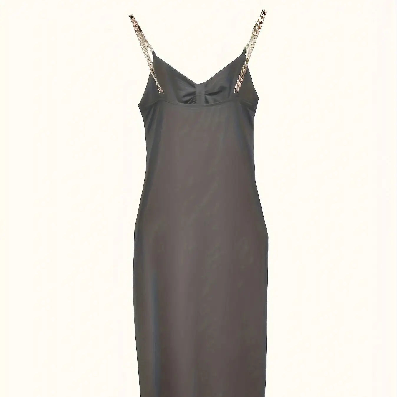 Women's Solid Color New Fashionable Metal Chain Hollow Chest Pleat Details Slit Design Sense Long Sexy Style Dress