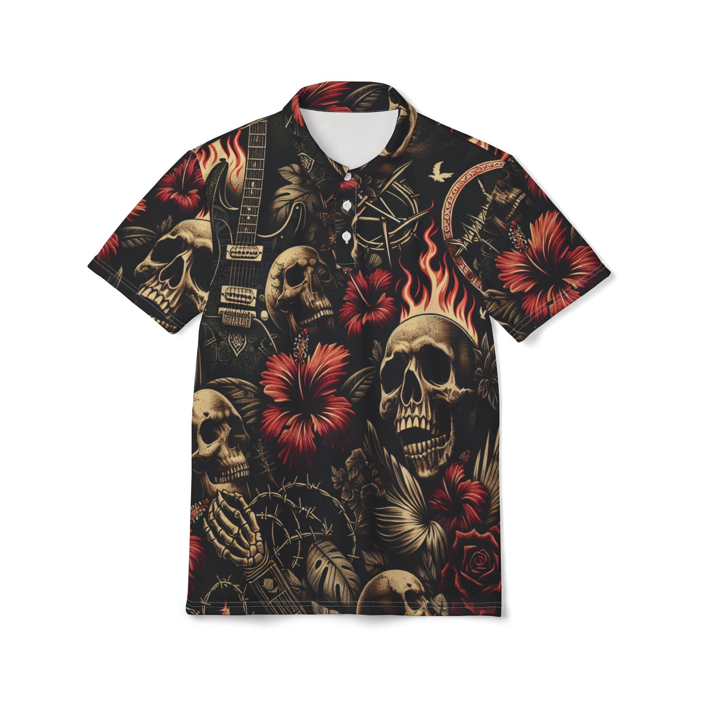 Edgy Floral Skull Polo Shirt, Unisex Casual Wear, Alternative Fashion, Summer Outing, Festival Attire