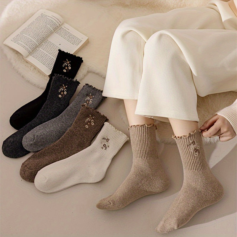 6 Pairs Floral Embroidery Socks, Comfy & Soft Lettuce Trim Socks, Women's Stockings & Hosiery