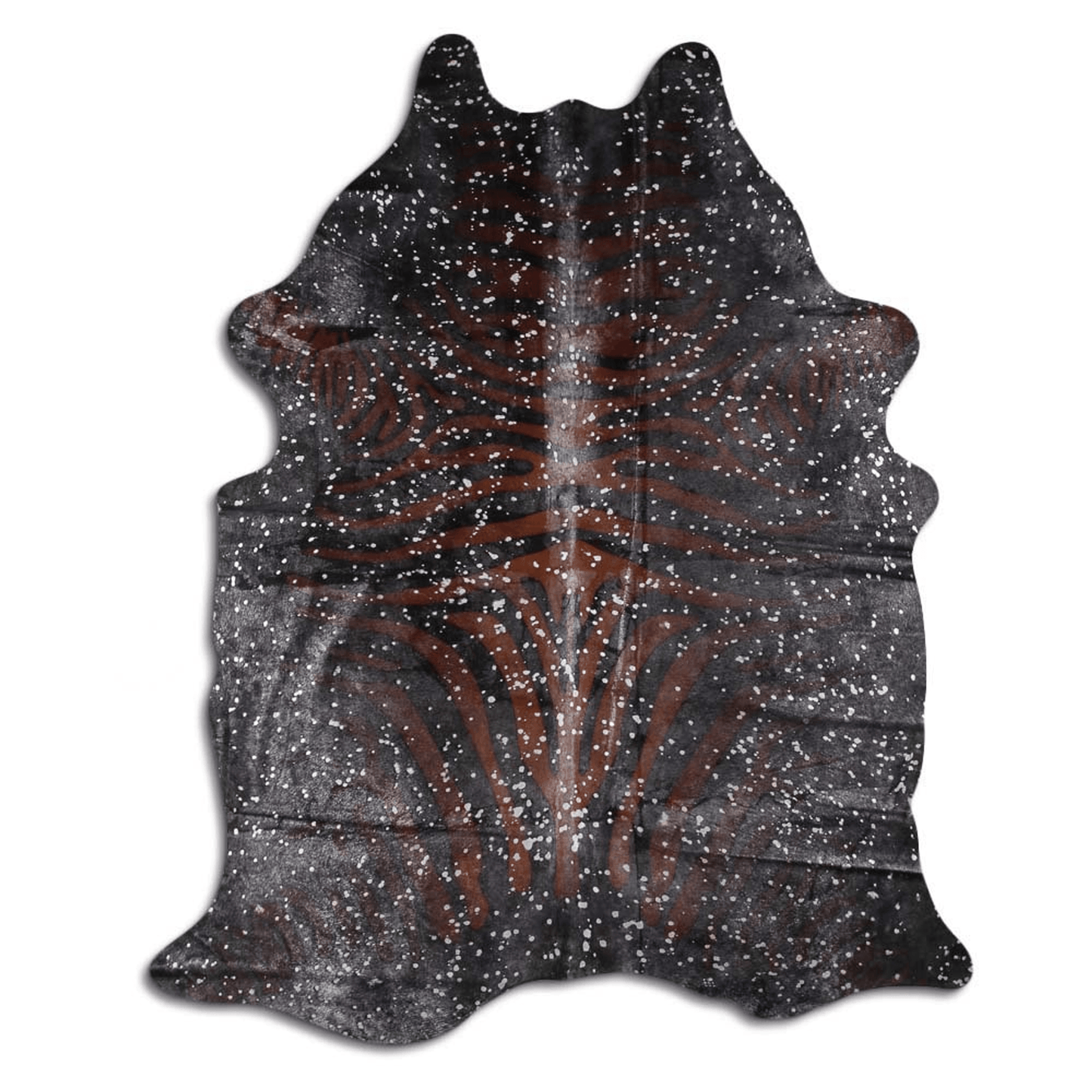 Acid Washed Cowhide Area Rug In Zebra Print With Silver Metallic Accents