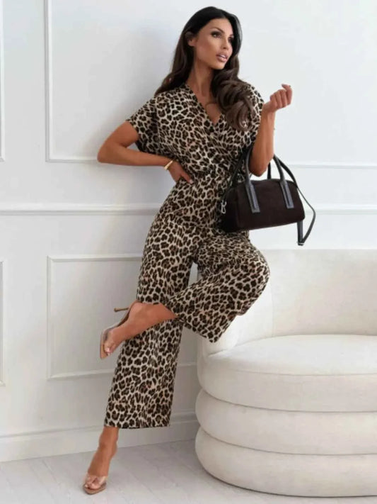 Leopard Print Short Sleeve : Wide Leg Jumpsuit