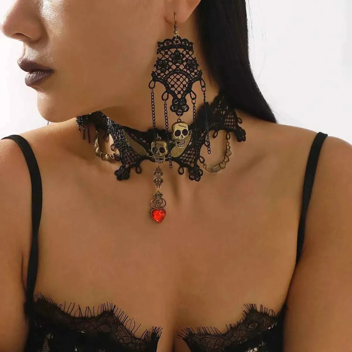 Halloween Lace Skull Necklace : Earrings Jewelry Set