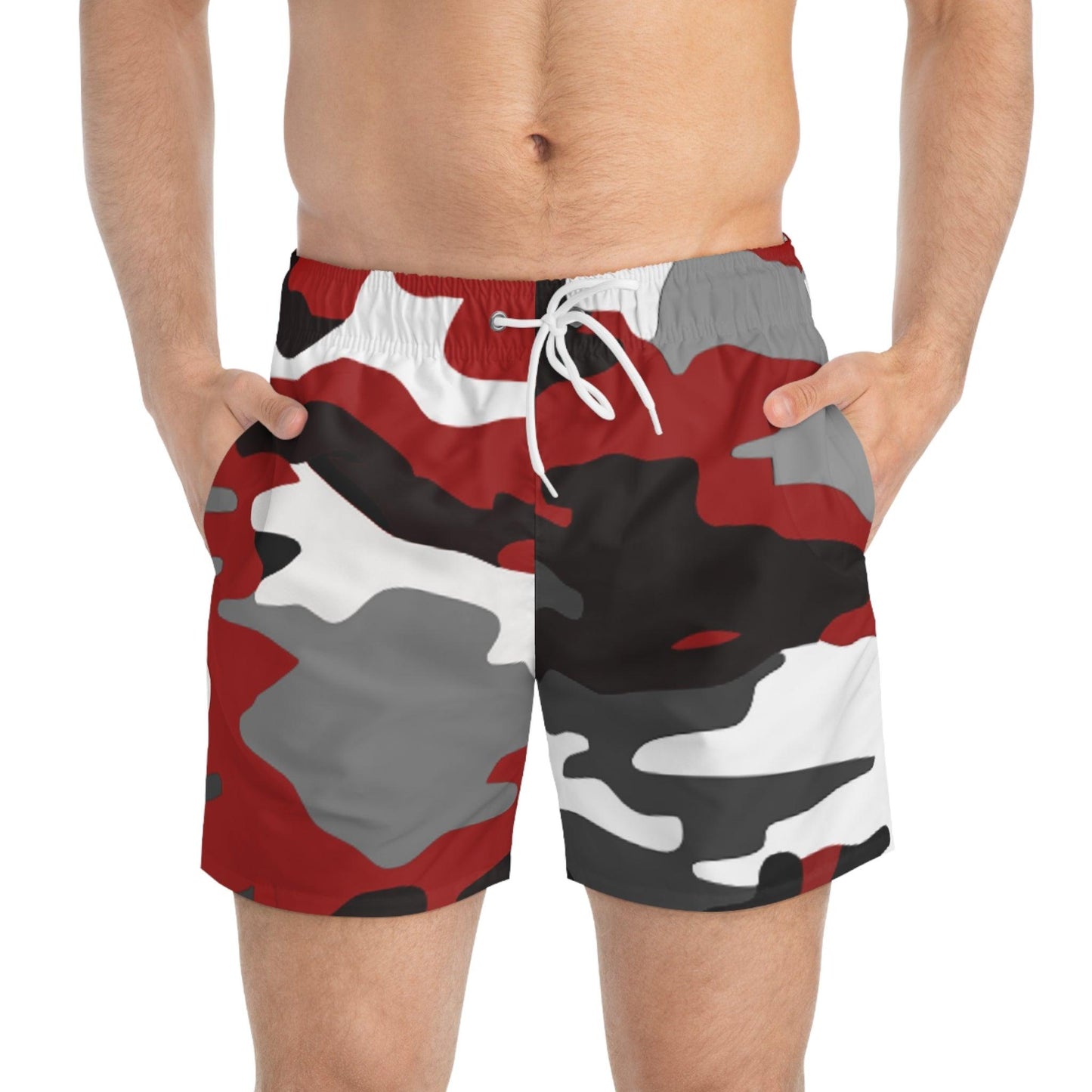 Red Black White Grey Camo Pattern Swim Trunks - Lizard Vigilante