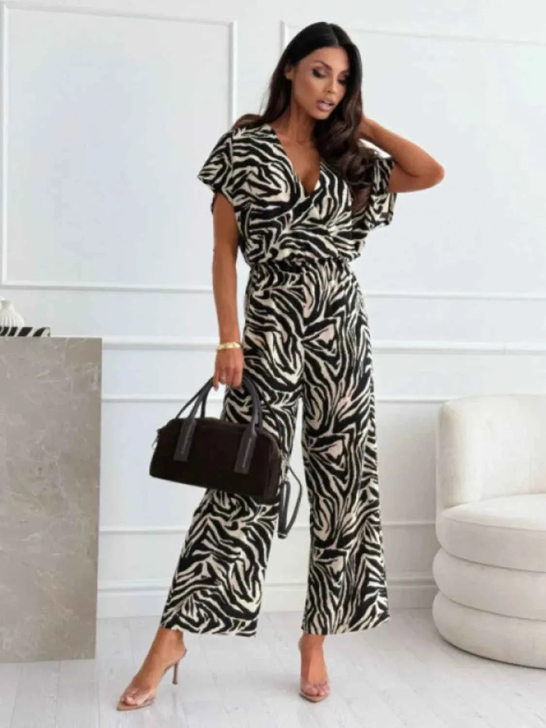 Leopard Print Short Sleeve : Wide Leg Jumpsuit
