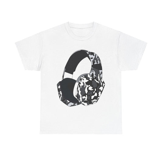 Black Camo Headphones Unisex Heavy Cotton Tee - Lizard Vigilante