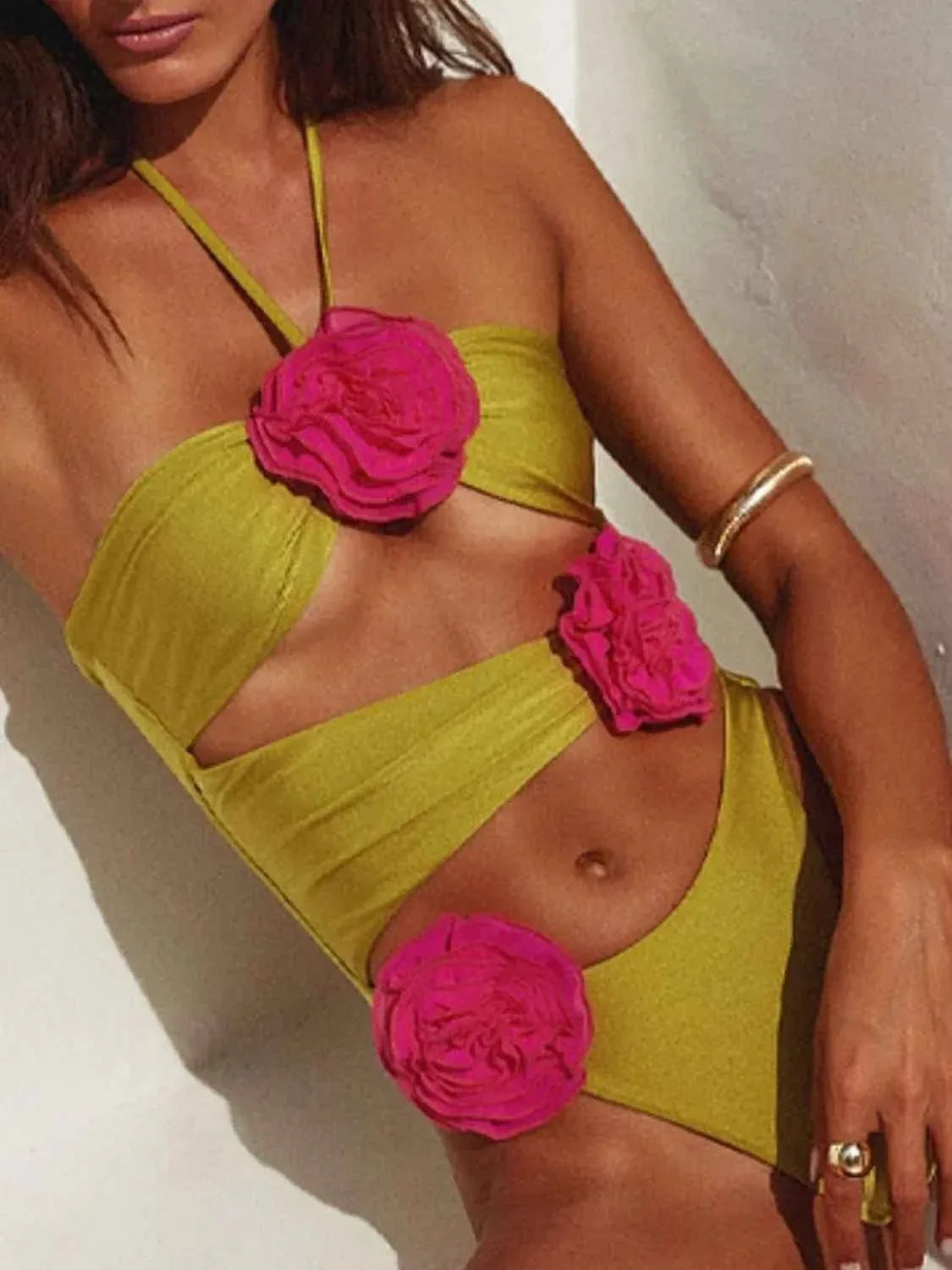 Flower Cutout Halter : Neck One-Piece Swimwear