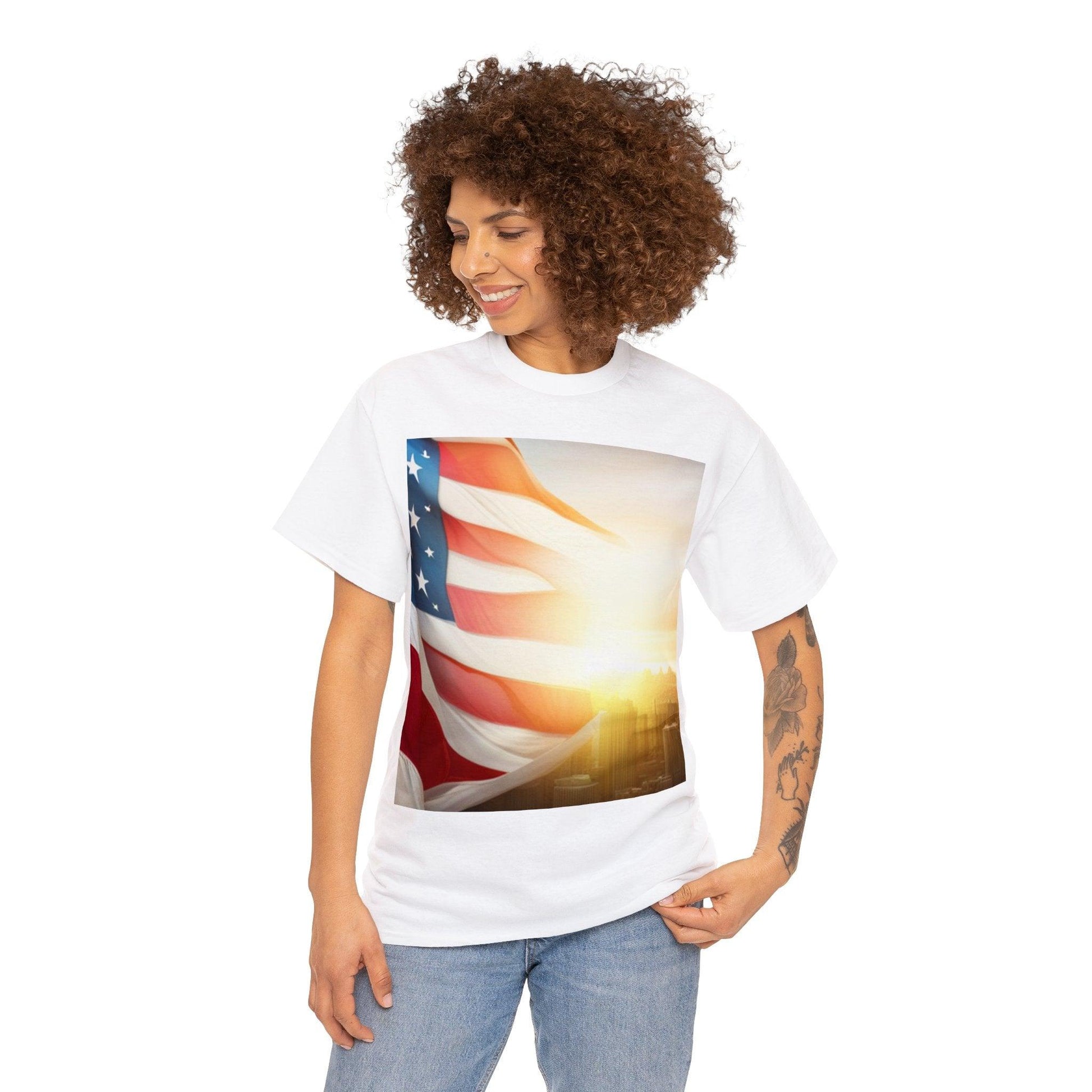 Patriot American Flag Over Gotham Unisex Heavy Cotton Tee / Red, White, and Blue Old Glory Sun T-Shirt - Lizard Vigilante