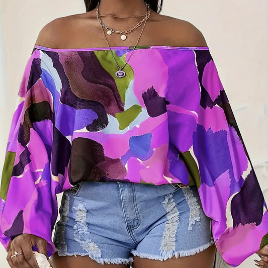 Ladies' Fashionable And Casual Off Shoulder Printed Lantern Sleeves, Loose And Comfortable Versatile T-shirt Top