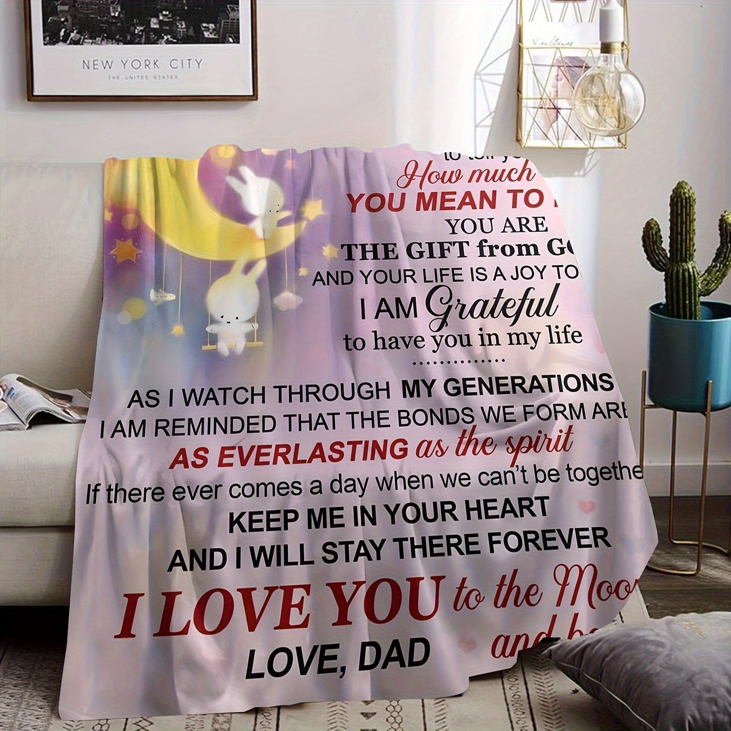 1pc To My Daughter Sentimental Message Throw Blanket, Soft Flannel Blanket With Moon Theme, Loving Gift From Dad For Indoor, Cozy Home Decor