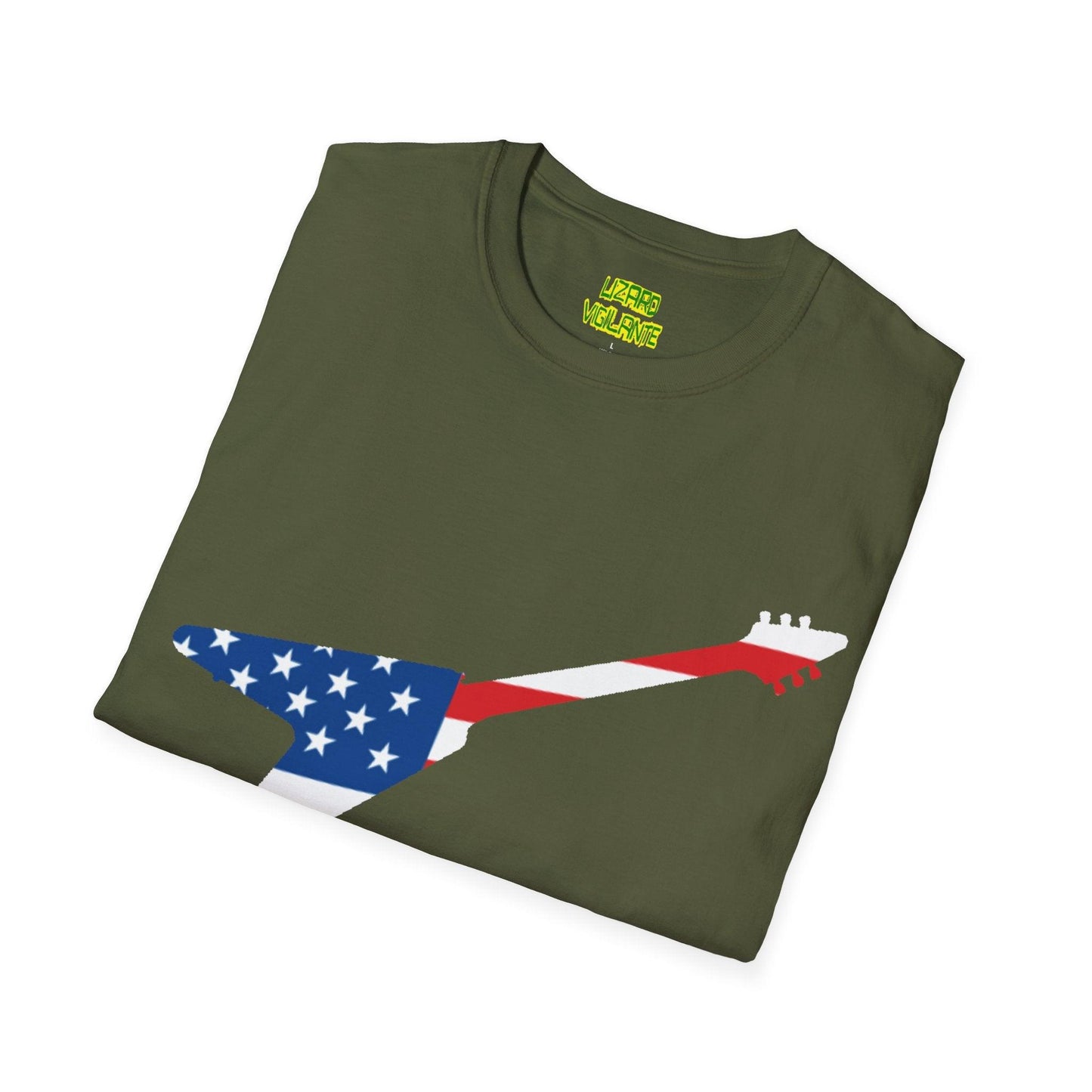 American Flag Colored Flying V Electric Guitar Unisex Softstyle T-Shirt - Lizard Vigilante