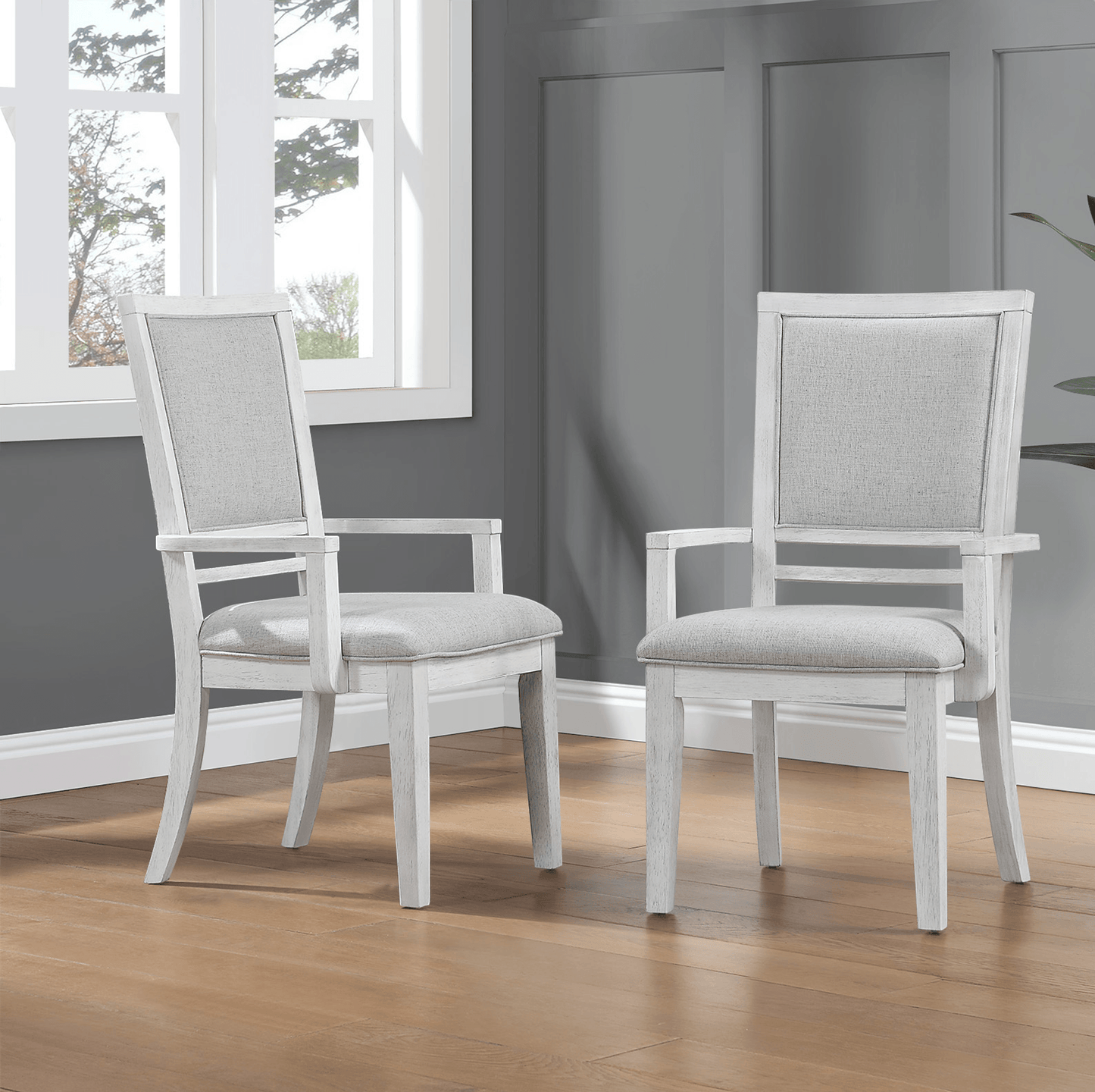 Dover Padded Upholstered Dining Chair With Arms – Set Of 2 In Cerused White Oak