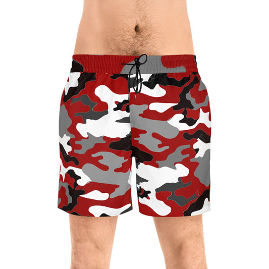 Red Black White Gray Camouflage Men's Mid-Length Swim Shorts (AOP) - Lizard Vigilante