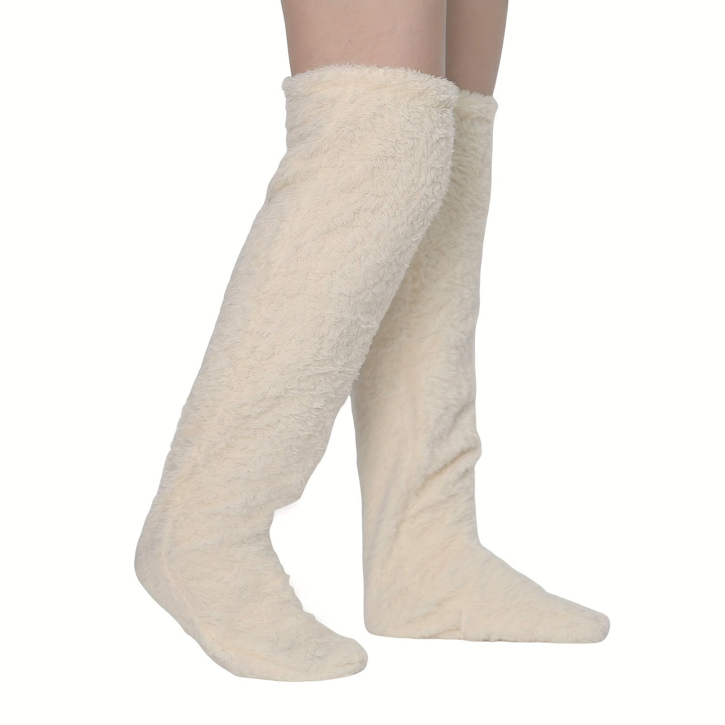Fuzzy Thigh High Stockings, Warm Over-the-Knee Socks for Women, Solid Color