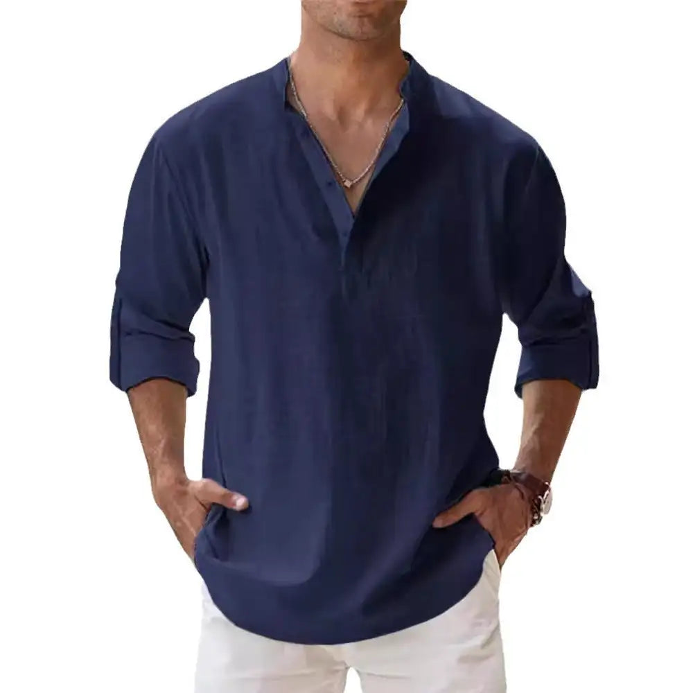 Men's Linen Stand-up Collar Long Sleeve T-shirt Loose Undershirt