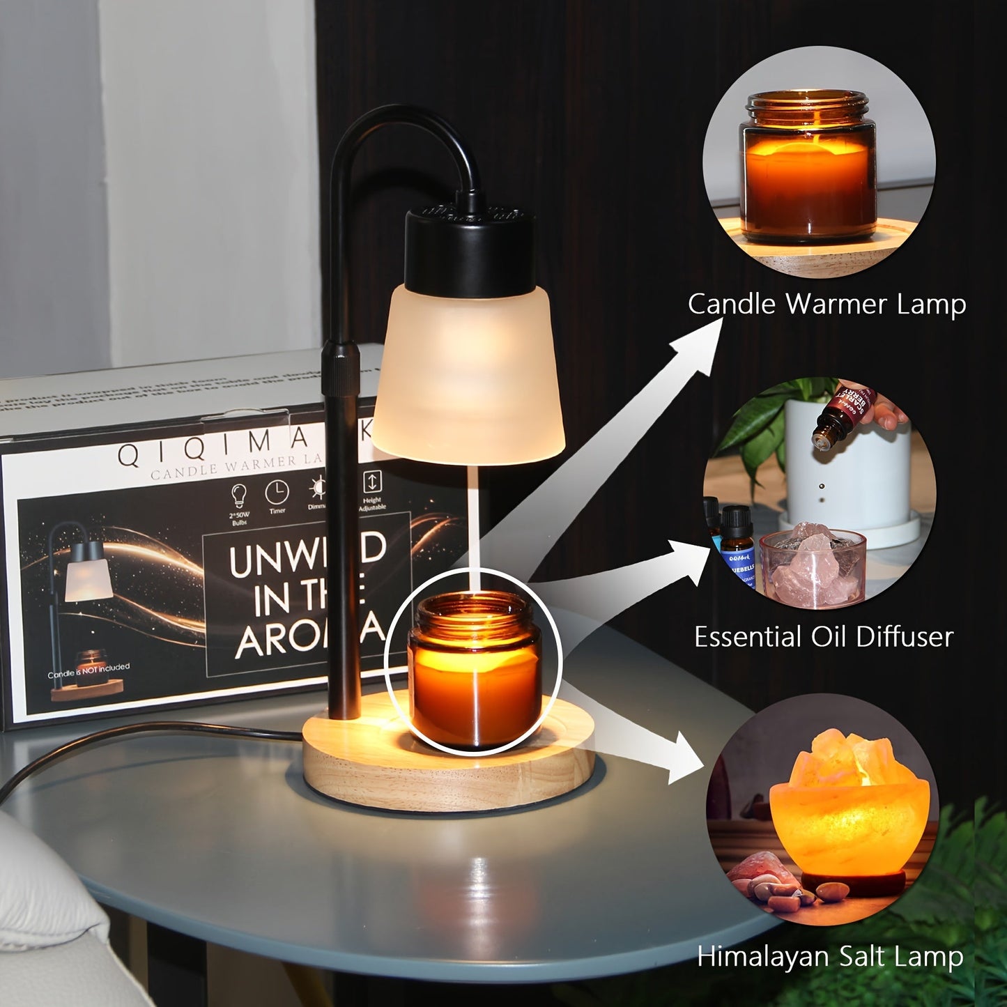 Aroma Therapy Gift Set - Adjustable Glass Candle Warmer Lamp with Himalayan Salt Lamp, Dimmable with Timer, Spice Scented Candle & Wax Melts, Home Decor, 110V-240V US Plug, 2 Bulbs Included, Christmas Present