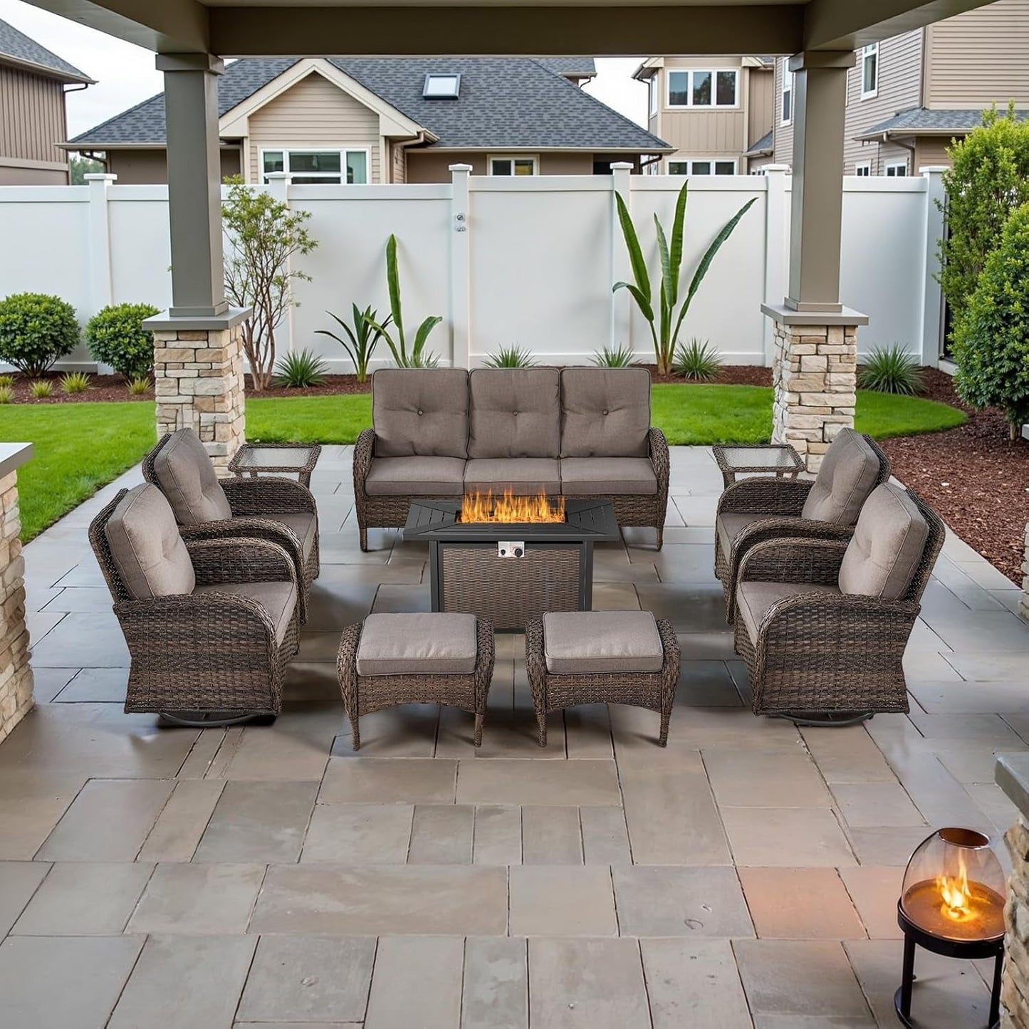 Outdoor Patio Furniture Set With 43In Fire Pit Table Brown