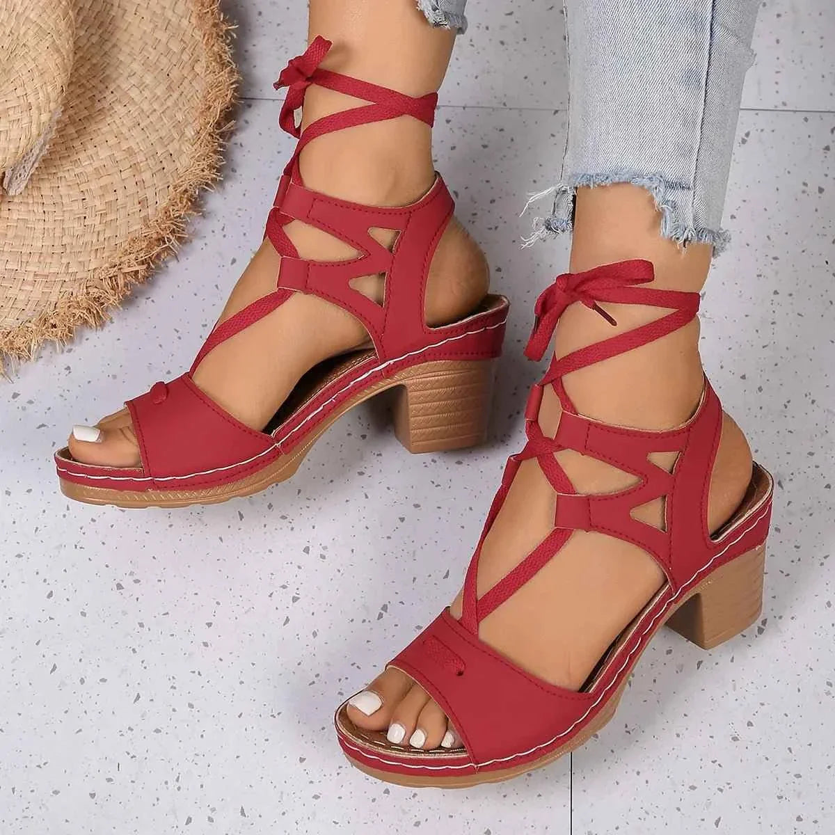 Elegant Heel Block : Lace-Up Sandals