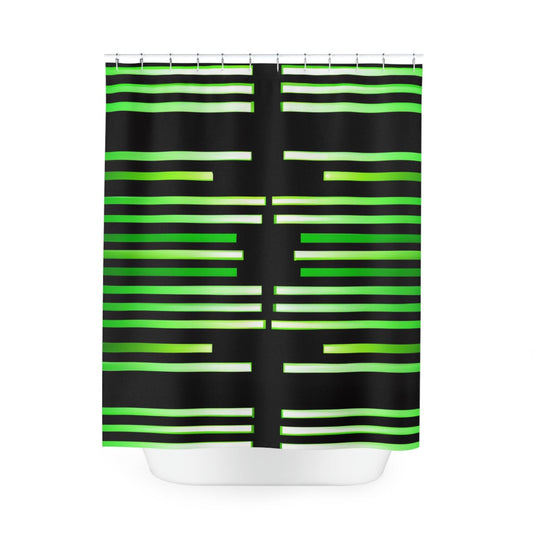 Green & Gold White Lines at Black Polyester Shower Curtain - Lizard Vigilante