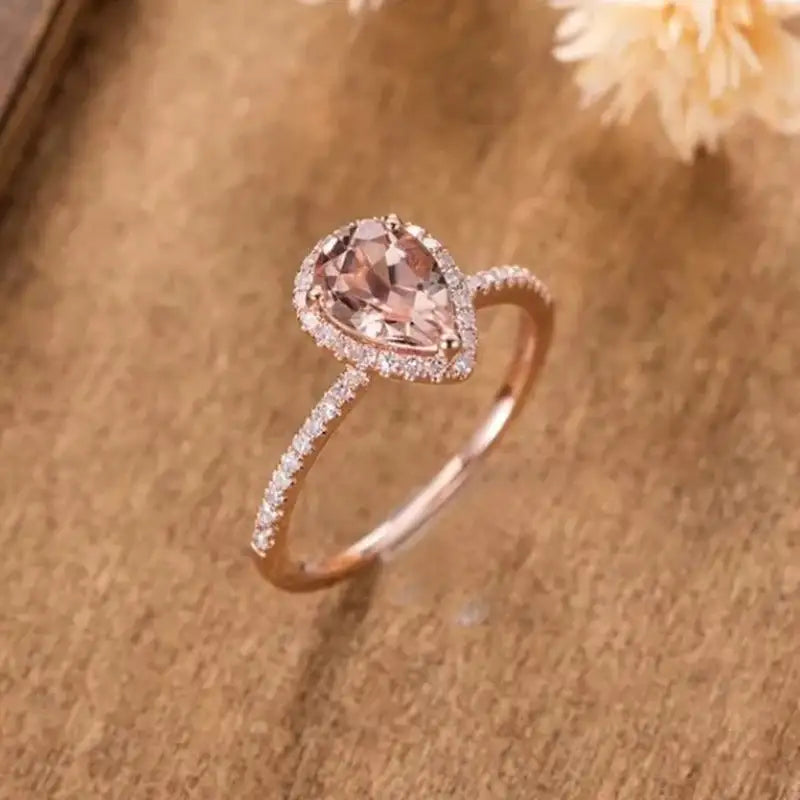 European And American 18K Rose Gold Plated Inlaid Pink Crystal Water Drop Pear-shaped Ring