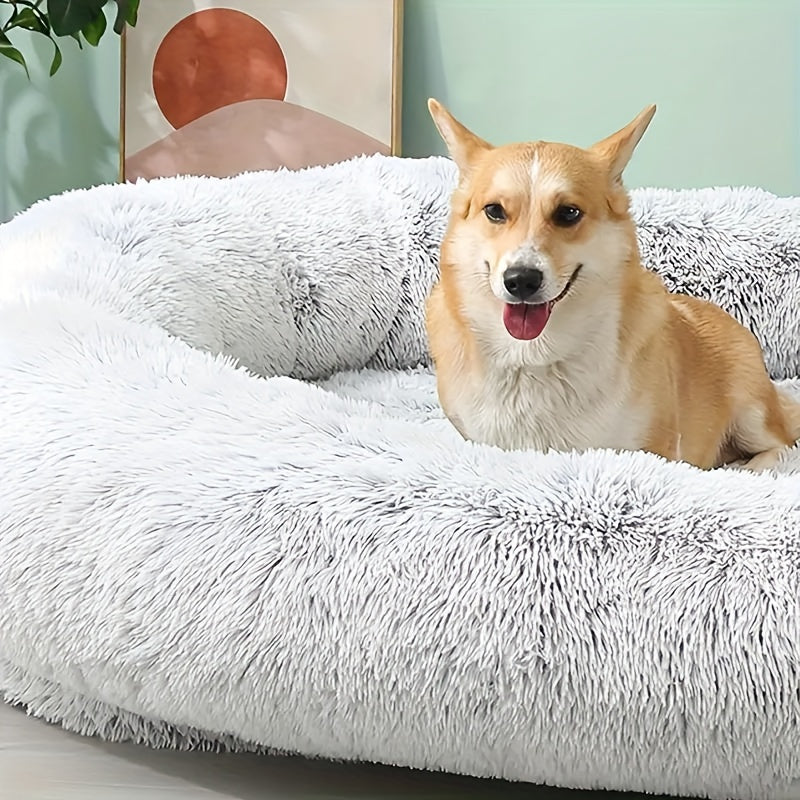 Orthopedic Human Dog Bed 71"x45"x12" Oval Washable Faux Fur Pet Bed with Plump Pillow, Blanket & Strap - Non-Slip Spa Design for All Dog Sizes, Grey, Cozy Nap Spot, Cozy Aesthetic, Durable Polyester, Home Lounging