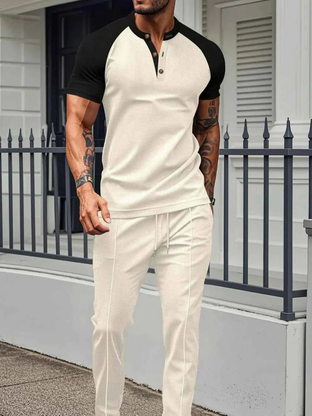 Men's Waffle-Knit Top & Drawstring Pants Set, Comfortable Men's Half Sleeve Tee