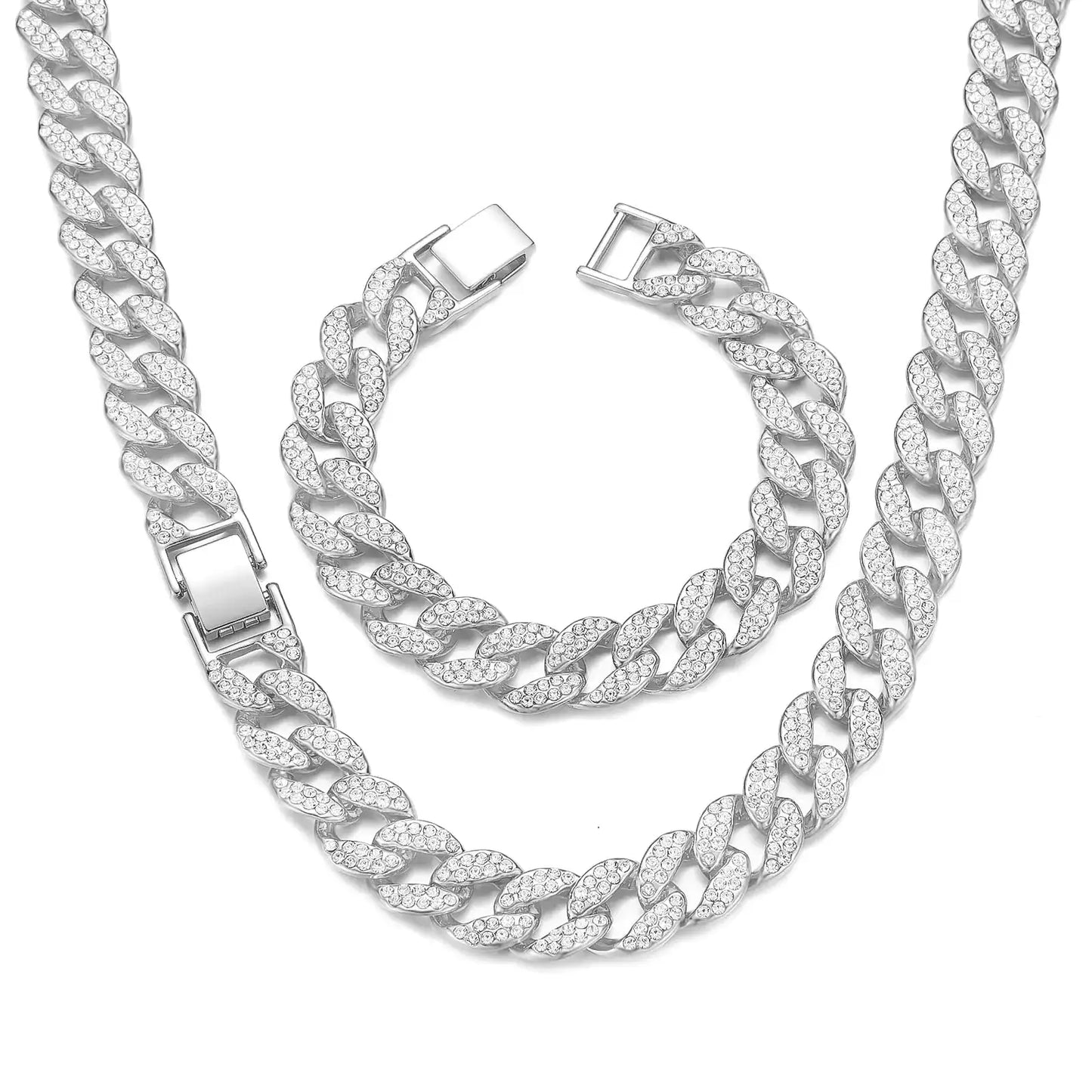 Cuban Link Chain Men Necklace Bracelet Jewelry Set Silver Fake Diamond Iced Out Bling Thick Necklaces Women Chains (Silver-14mm20inch)