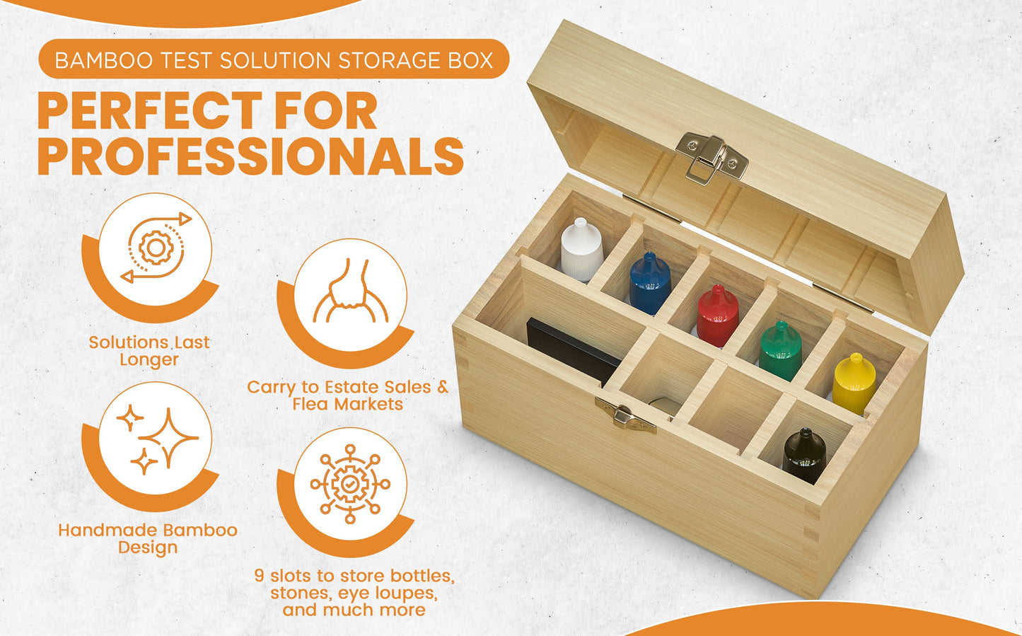 9 Slotted Large Wooden Bamboo Handcrafted Storage Box for Gold Silver Platinum Acid Jewelry Test Kit and Supplies