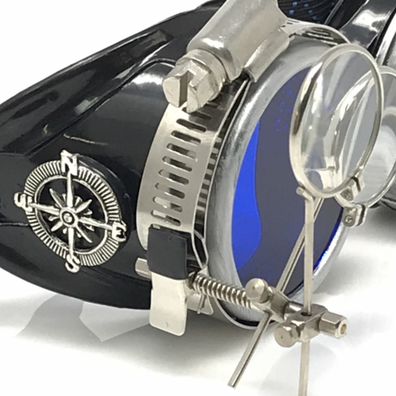 Diesel goth punk Metallic Goggles with magnifying eye loupes blue lenses