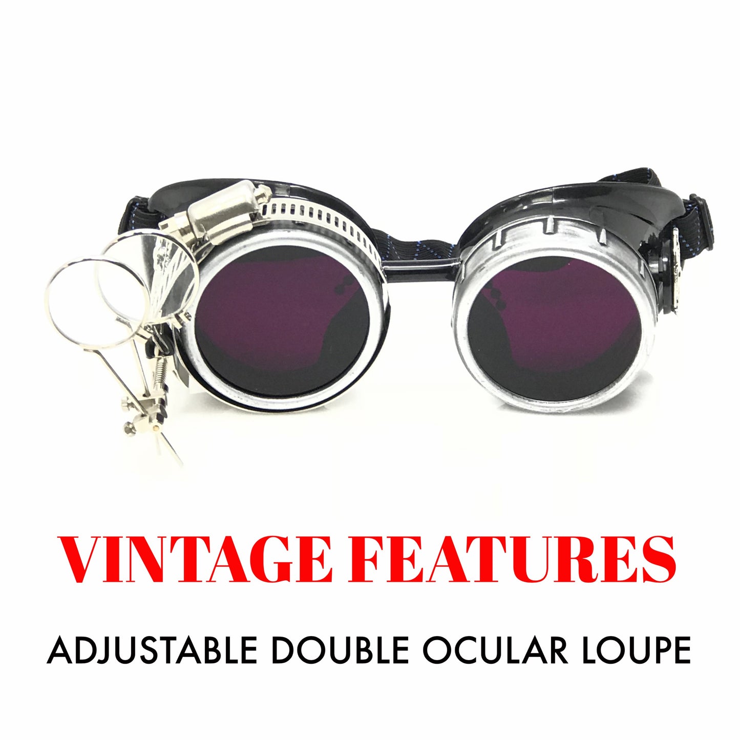 Diesel goth punk Biker Goggles with magnifying eye loupes purple lenses
