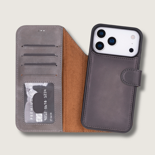 Leather iPhone 17 Pro Wallet Case – Gray - Austin