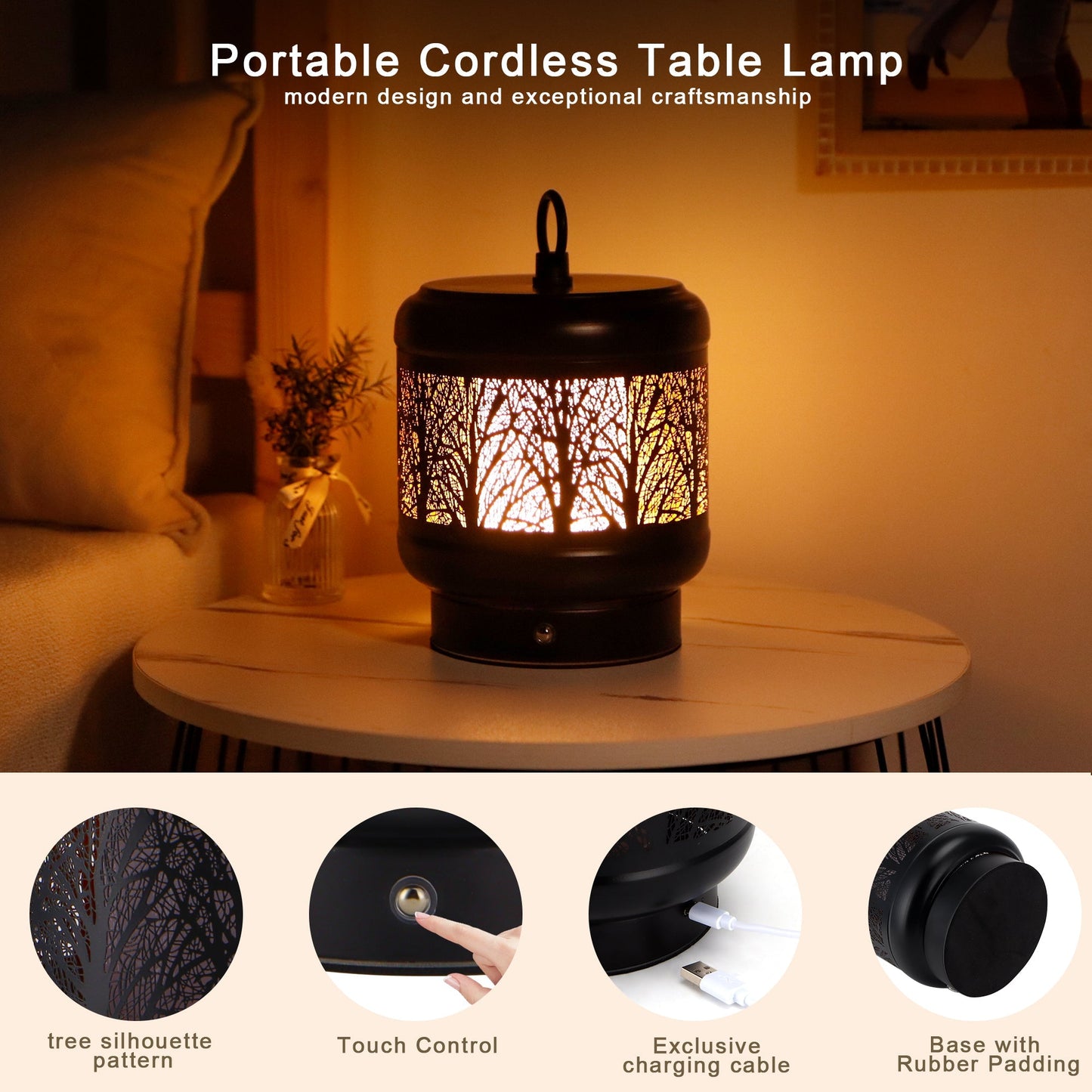 TRIROCKS Cordless Table Lamp Rechargeable Battery Operated Ambient Lighting with Cozy Lights, 3-Step Touch Dimmable LED Amber Light for Bar,Coffee Table, Patio,Camping