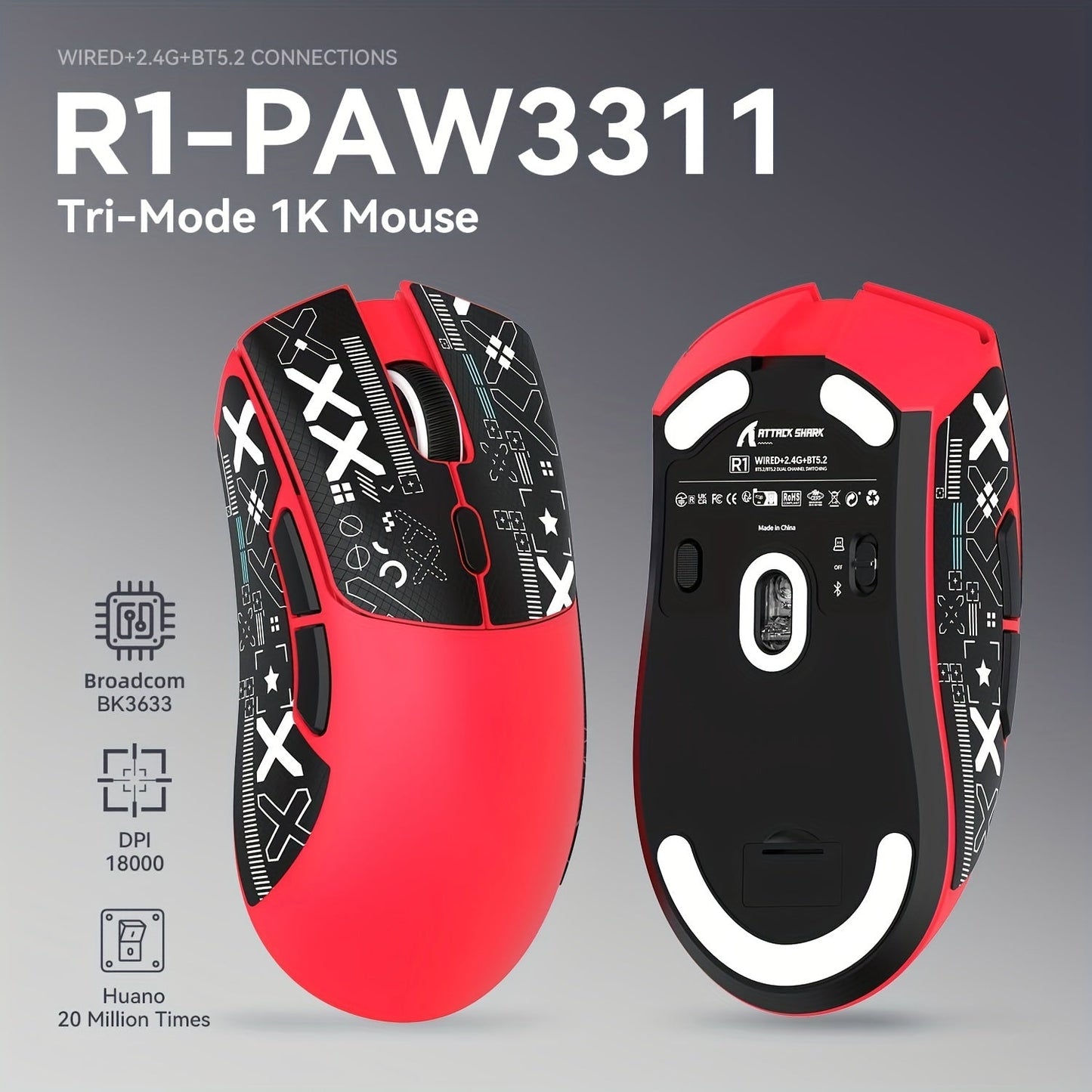 ATTACK SHARK R1 PRO 59g SUPERLIGHT Mouse, PixArt PAW3311 Gaming Sensor, BT/2.4G Wireless/Wired Gaming Mouse, 6 Adjustable Up To 18000, 65 Hrs Battery, Office Mice For Win11/Xbox/PS/Mac (()Black )