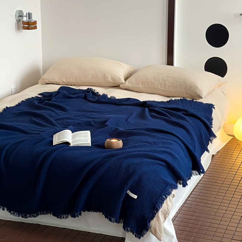 1pc Cotton Crinkle Tassel Blanket Solid Color Nap Blanket Leisure Travel Sofa Bed Blanket