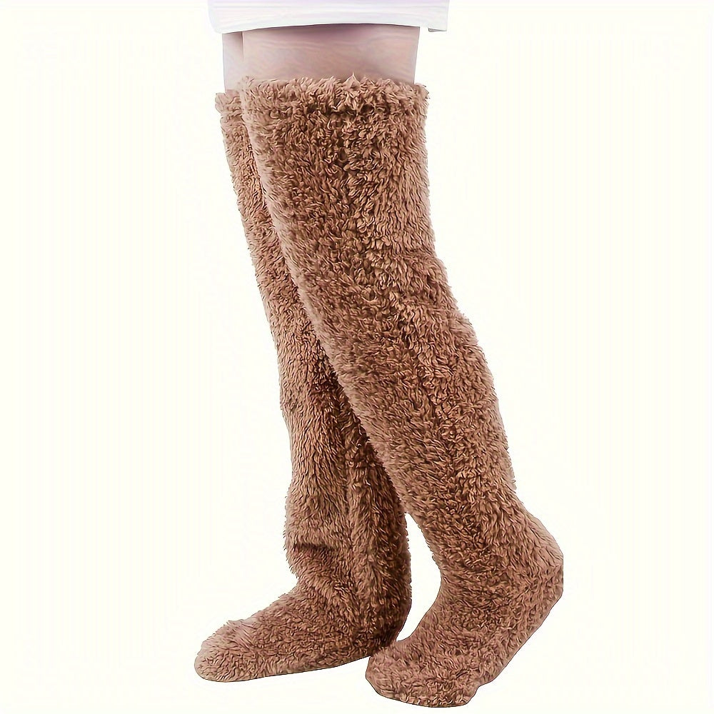 Cozy Couple's Thigh-High Fuzzy Socks - Warm, Durable Knit Over-The-Knee Stockings, Easy-Care Solid Hosiery