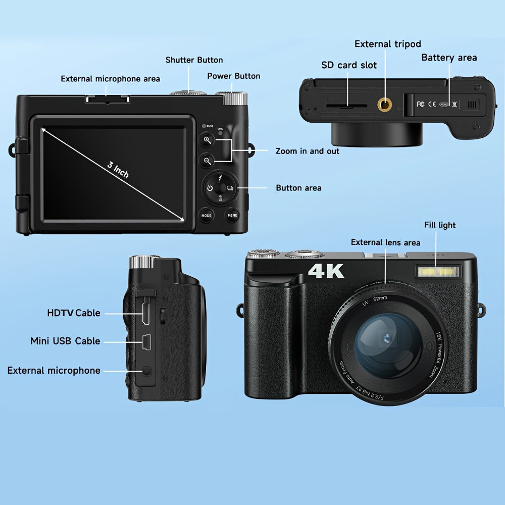 "4K Digital Camera with 48MP, 3"" Flip Screen, Autofocus, Anti-Shake, 16x Zoom for Photography and Video"