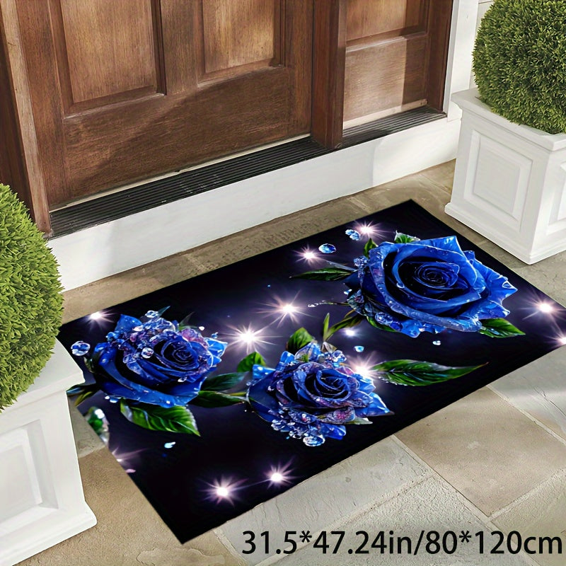 Crystal Velvet Romantic Valentine's Day Blue Fairy Rose Earth Blanket Area Rug Hotel Living Room Bedroom Soft Carpet Machine Washable Non-slip Backing Office Entryway Indoor Decorative Carpet Floor Mat For Hotel/Restaurant/Of