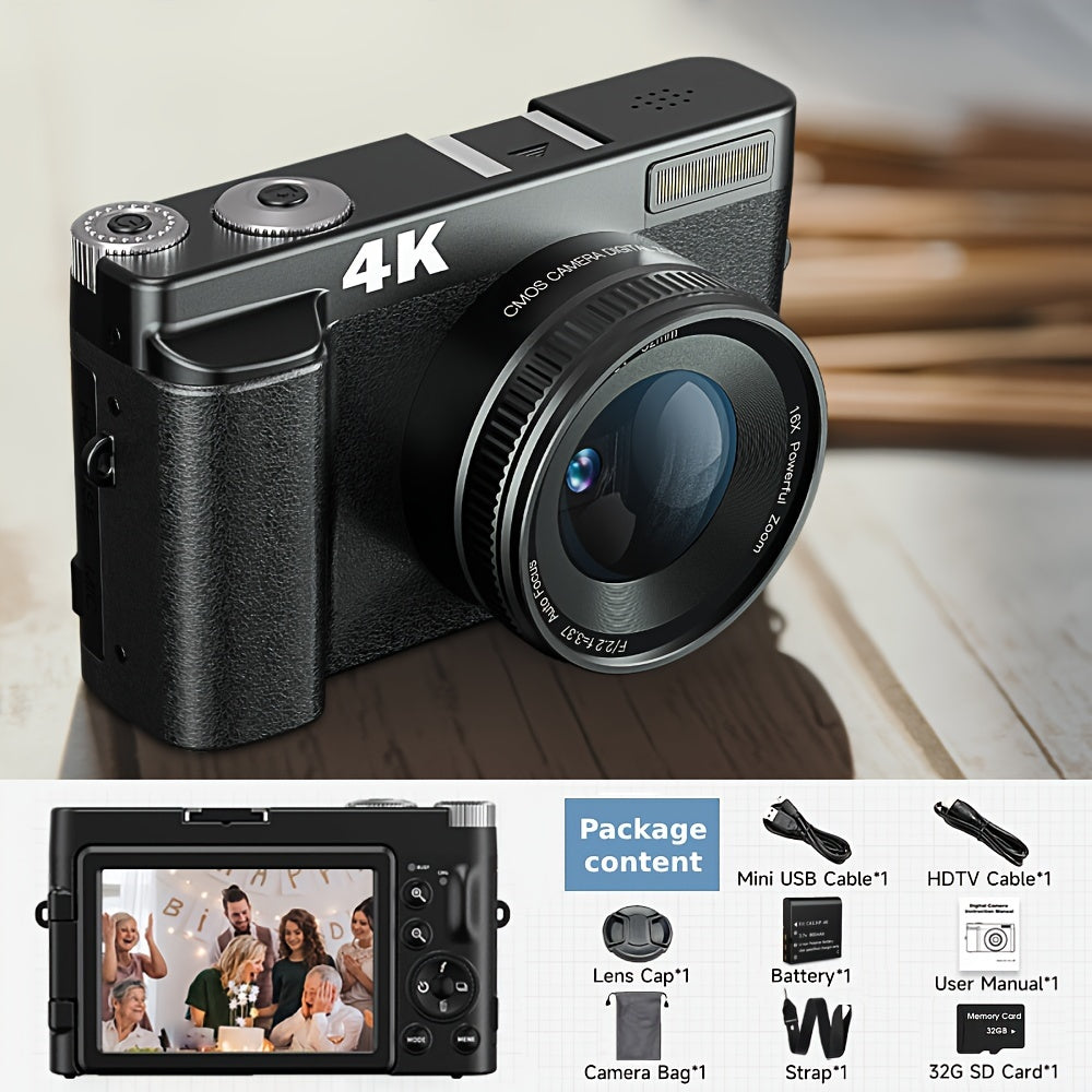 "4K Digital Camera with 48MP, 3"" Flip Screen, Autofocus, Anti-Shake, 16x Zoom for Photography and Video"