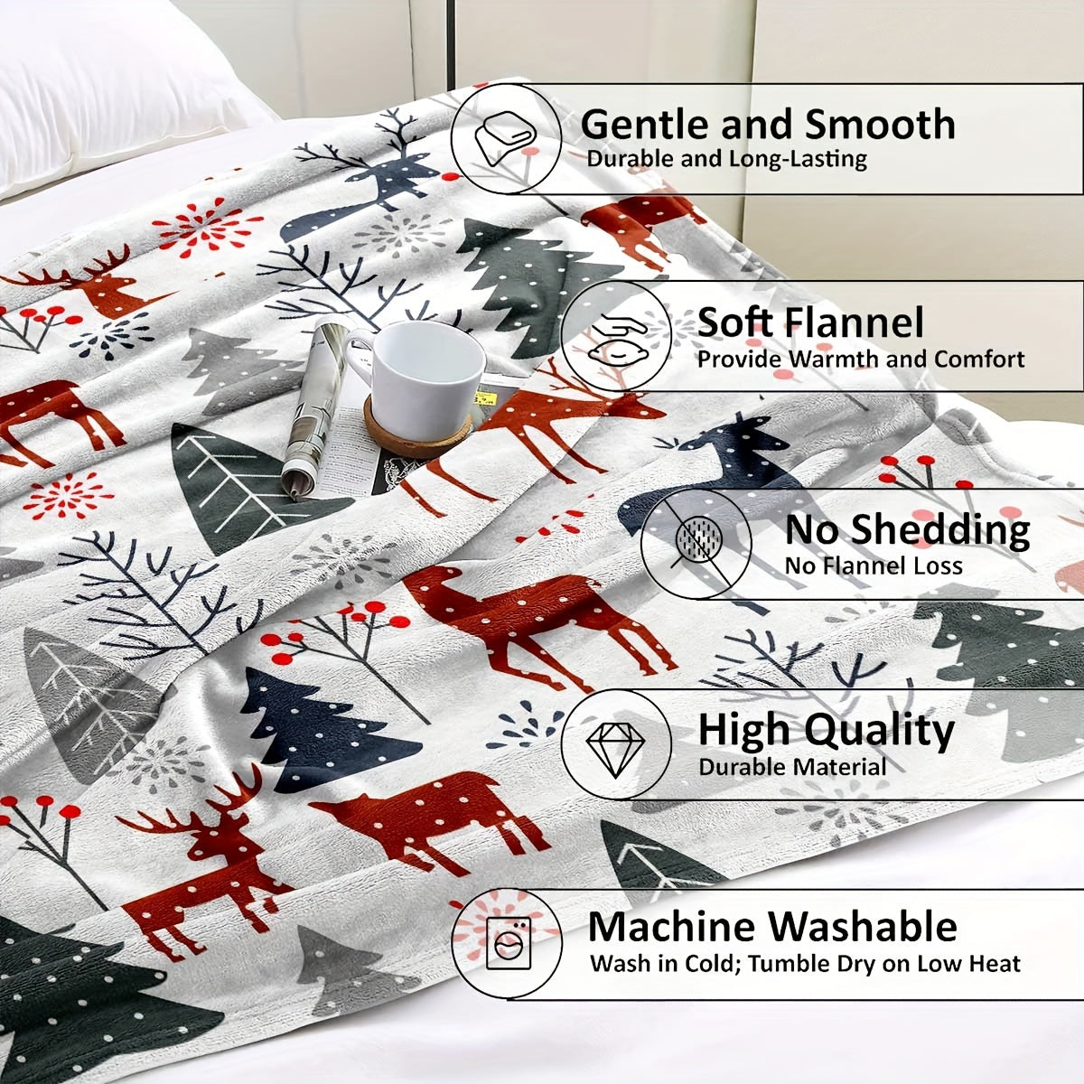 1pc Throw Blanket, Christmas Theme Deer Pattern Printed Blanket, Warm Cozy Soft Blanket For Couch Bed Sofa Car Office Camping Travelling, Gift Blanket Suitable For All Seasons