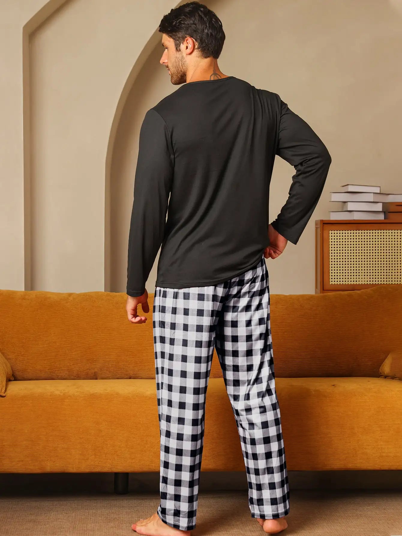 Polyester Long Sleeve Trousers Men's Pajama Set