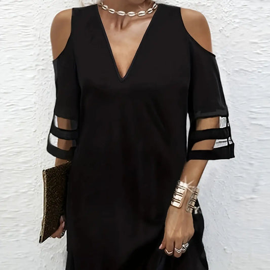 Ladies' Abstract Printed Color Blocked Off Shoulder Contrasting Mesh Casual Dress