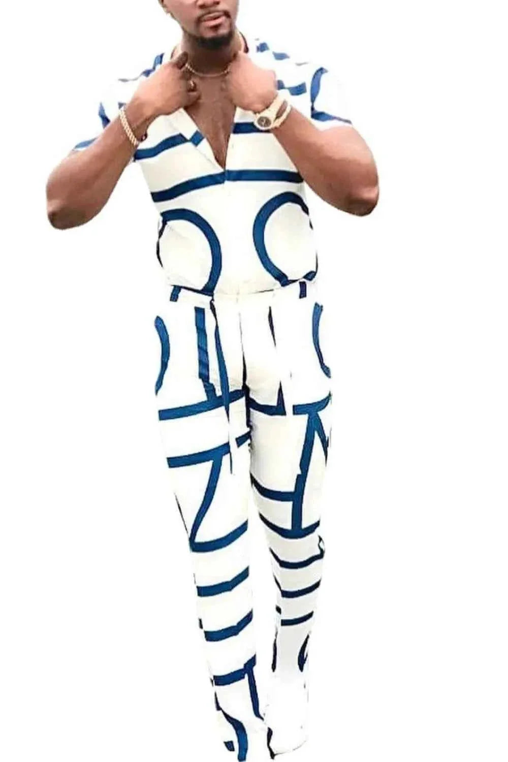 Men's Full Size Geo Print Short Sleeve Top and Pants Set Plus Size