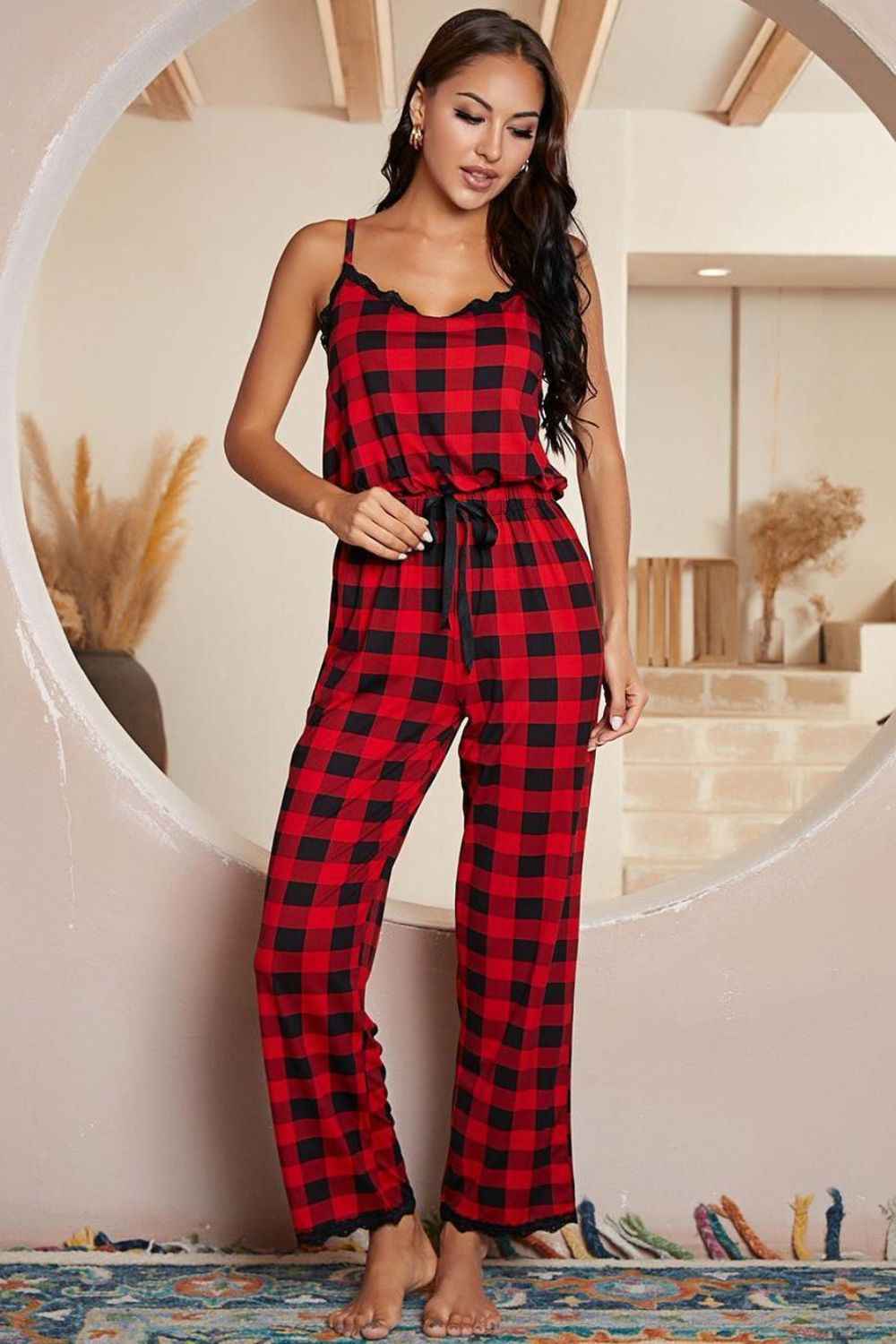 Plaid Lace Trim : Spaghetti Strap Jumpsuit