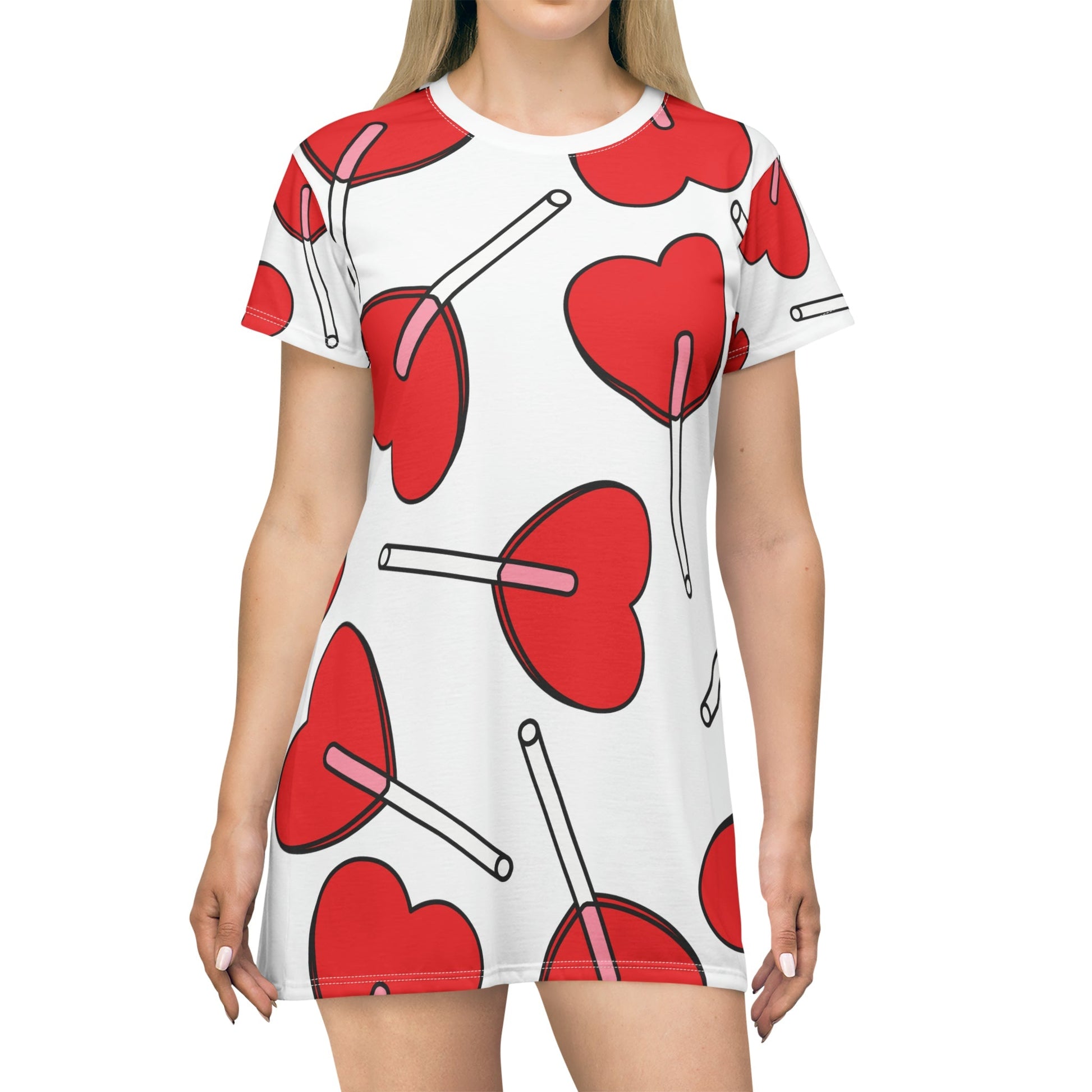 Valentine’s Day Hearts Lollipops T-Shirt Dress (AOP) - Lizard Vigilante