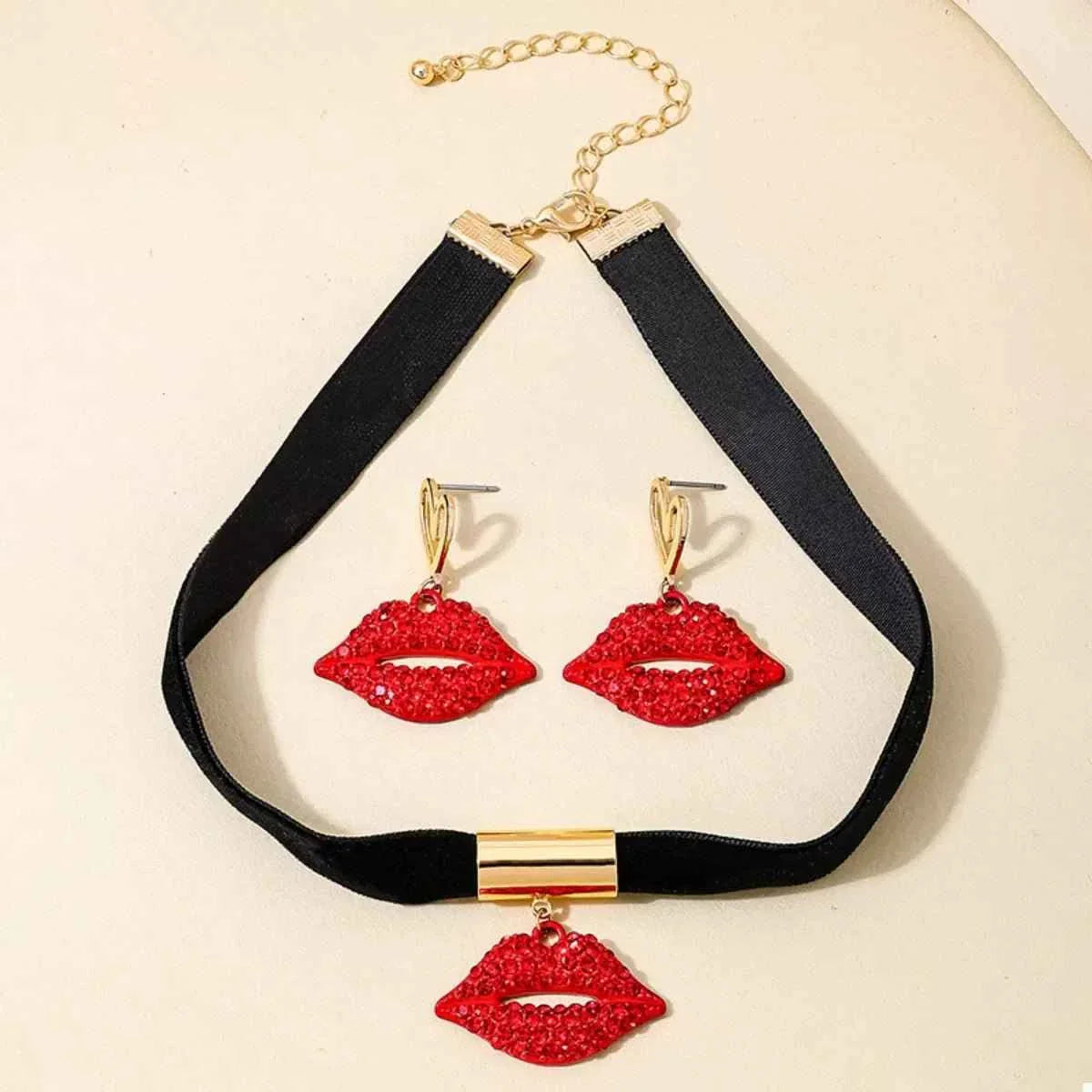 Rhinestone Lip Earrings and Necklace Jewelry Set