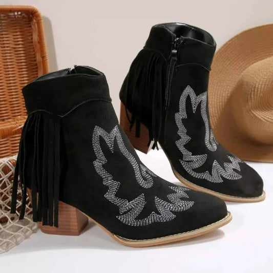 Western Fringe Point Toe : Block Ankle Heel Boots