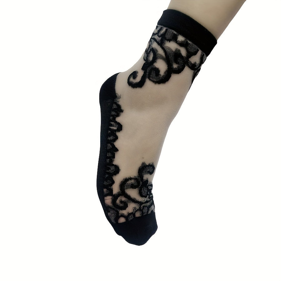 5 Pairs Embroidered Mesh Socks, Thin & Comfy Mid Tube Socks, Women's Stockings & Hosiery