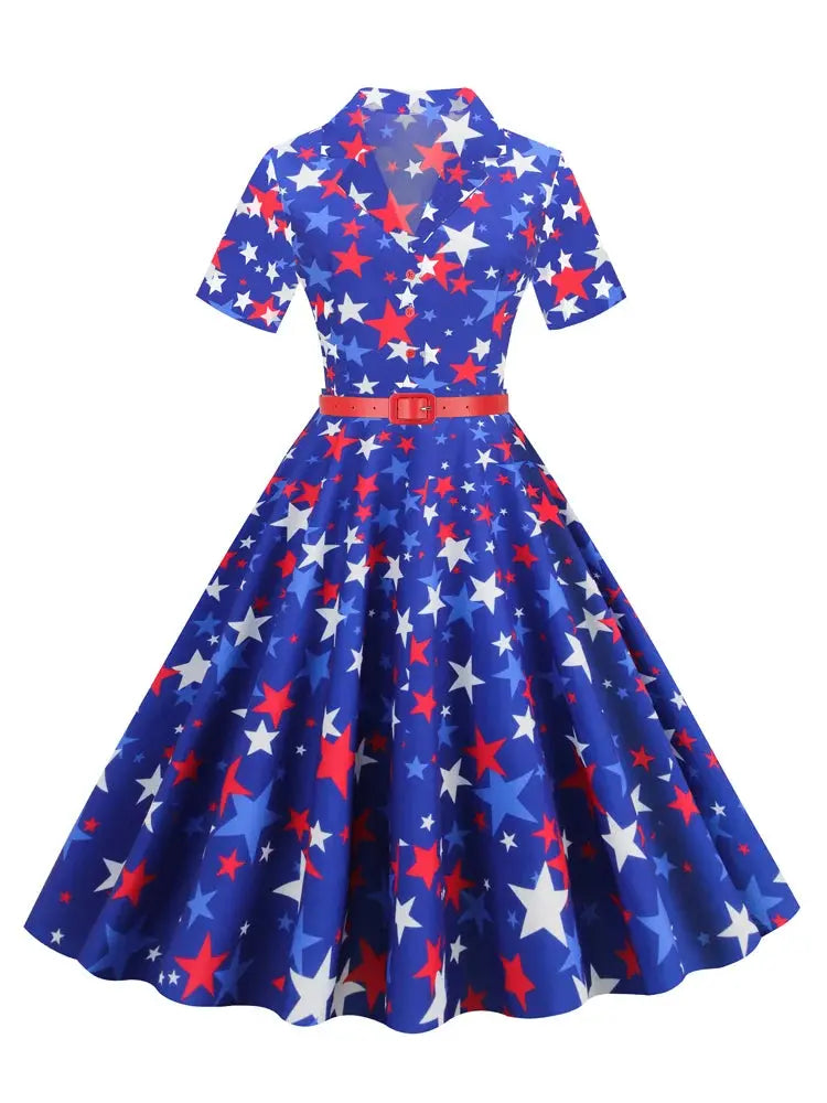 2024 Election American Flag Collar Button Up Star Print Women Short Sleeve Belted 50s 60s Pinup A-Line Vintage Dresses - Premium dresses from Lizard Vigilante - Just $31.99! Shop now at Lizard Vigilante