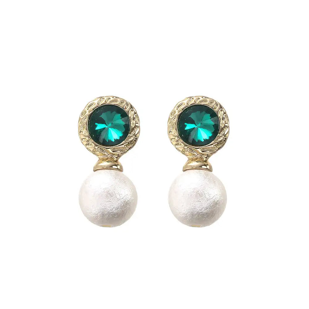 Emerald Rhinestone Pearl Stud Earrings For Women